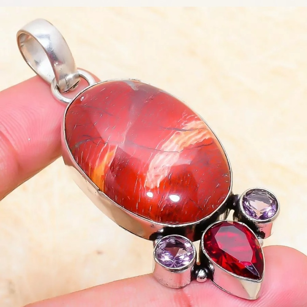 River Red Jasper & Garnets 2.6” Sterling Silver 9.25 with Sterling Chain 18”